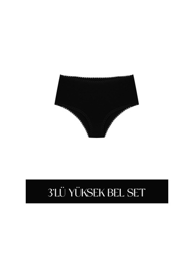Cotvie Siyah Pamuklu Yüksek Bel 3'lü Set Külot Siyah