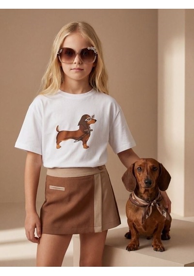 Zekids Kız Çocuk Köpek Baskılı Taş Detaylı Tasarım T-shirt-17187 Beyaz