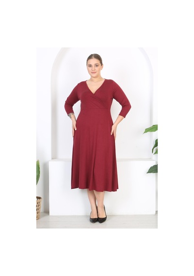 Mooi Xxl Kadın Bordo Uzun Kol Kruvaze Yaka Büyük Beden Maxi Elbise Bordo