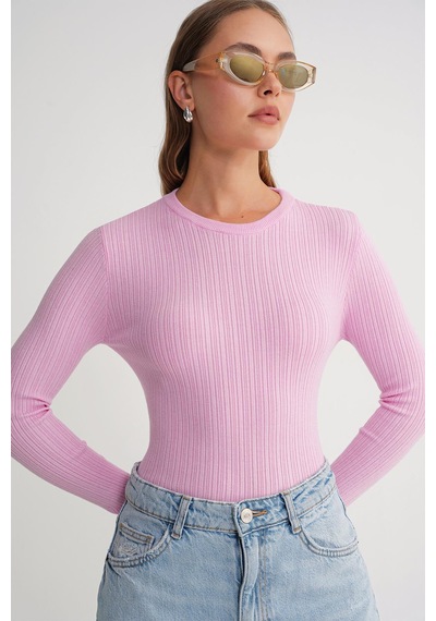 Mixray 6938 Kadın Bisiklet Yaka Fitilli Triko Body Pembe