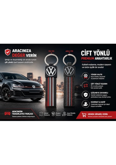 Volkswagen Anahtarlık Çizgili , Vw Araç Anahtarlık - Volkswagen Çift Yönlü Araba Anahtarlığı