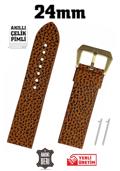 24mm Kahverengi Leopar Desenli Spor Hakiki Deri Saat Kordonu Kayış Akıllı Pimli Gold