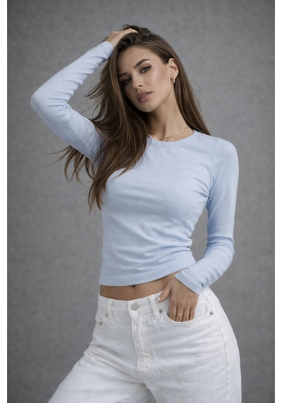 Wild Bee Kadın Bebe Mavi Bisiklet Yaka Uzun Kollu Basic Bluz