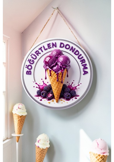 Böğürtlen Dondurma Görselli İpli Ahşap Kapı Ve Duvar Süsü, Cafe, Dondurmacı Tabelası, Tatlıcı Dekoru