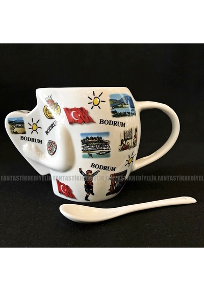 Bodrum Ege Yöresel Desenli Kaşıklı Porselen Kalpli Bardak Kupa