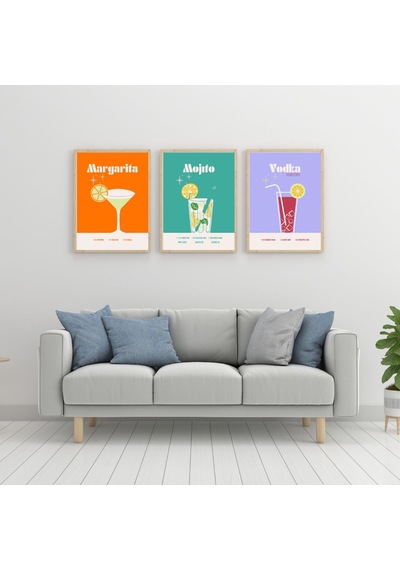 Renkli Kokteyler Duvar Tablosu Çerçeveli 3'lü Set Ahşap Renk 30 X 42 Boyut/ebat