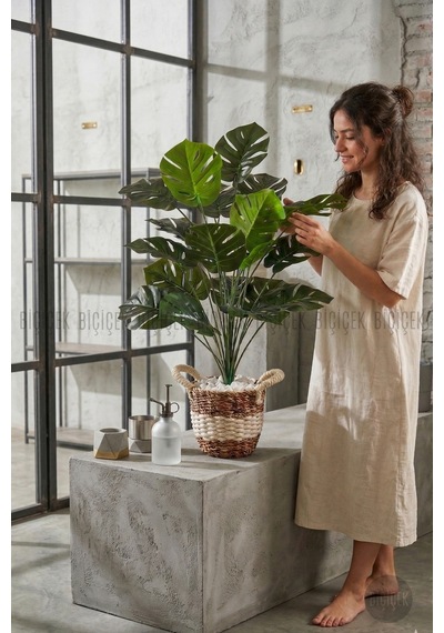 Yapay Monstera Deve Tabani Bi Tki Si 60 Cm Krem Orgulu Hasir Saksıda