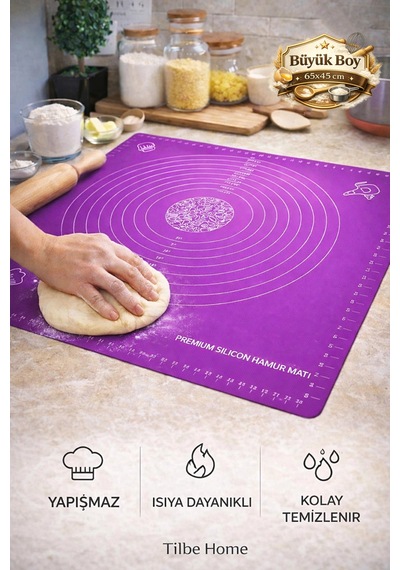 Tilbe Home Silikon Hamur Açma Yoğurma Matı Fırın Altlığı Ölçekli Mat Büyük Boy Mor 65x45cm