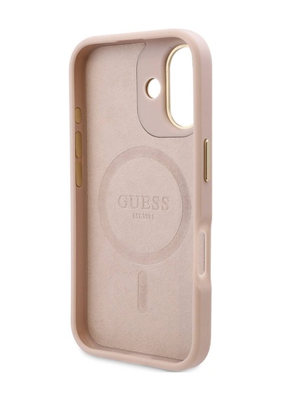 Apple Uyumlu iPhone 16 Plus Kılıf Guess Lisanslı Magsafe Özellik Pu 4g Desenli Metal Klasik Logolu Pembe