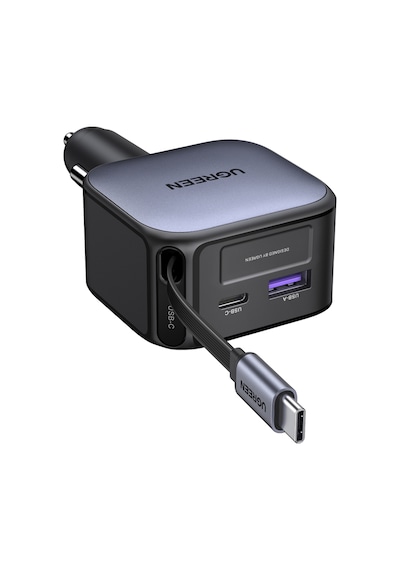 Ugreen 60w Usb-c Makaralı Dahili Kablolu Hızlı Araç Çakmaklık Şarj Cihazı, 1x Usb-c 1x Usb-a, 55212b
