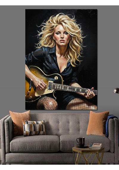 Ahşap Tablo Gitar Çalan Rockçı Kadın