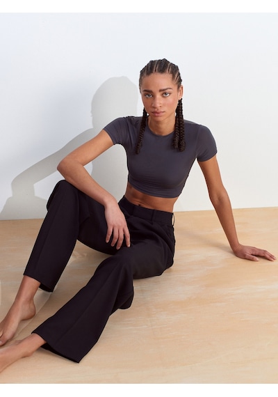 Dilvin 31175 Bisiklet Yaka Crop Top-füme Füme