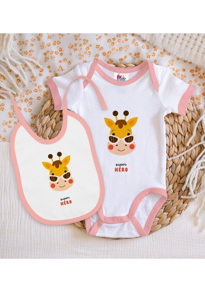 Bk Kids Super Hero Tasarımlı Pembe Bebek Body Zıbın Ve Mama Önlüğ Çok Renkli