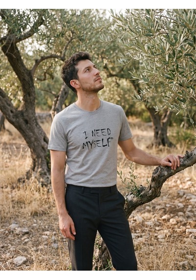 Maccali Erkek Gri I Need Myself Baskılı Bisiklet Yaka Tişört