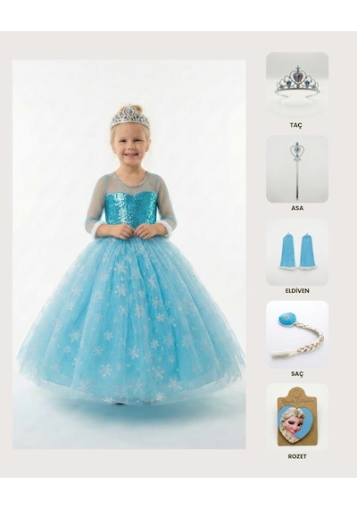 Butikhappykids Frozen Elsa Kostümü Uzun Kollu Kız Çocuk Prenses Elbisesi Taç+asa+saç+eldiven+rozet Hediyeli Mavi