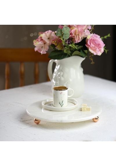 Akayev Mermer 25 Cm Rose Gold Boncuk Ayaklı Beyaz Yuvarlak Sunumluk Çok Renkli