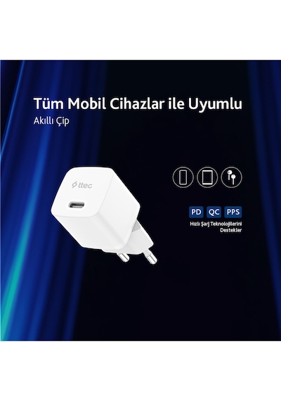 Ttec 2SCP03CB Smartcharger Gan 30W PD Seyahat Hızlı Şarj Aleti + USB-C - USB-C 3A Kablo