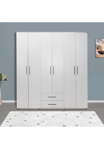 White 6 Kapaklı 2 Çekmeceli Gardırop-mat Beyaz 206x213x52 Cm Gxyxd