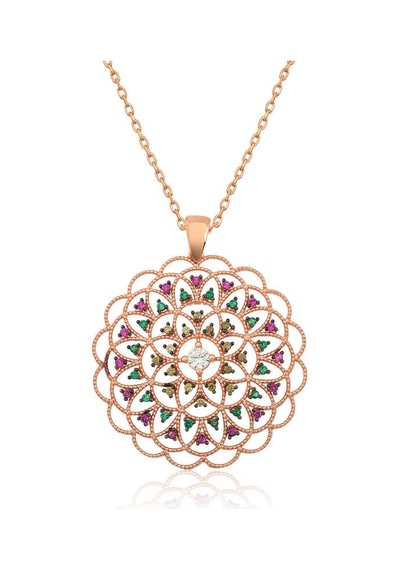 Gümüş Rose Geometrik Desenli Madalyon Kolye Çok Renkli