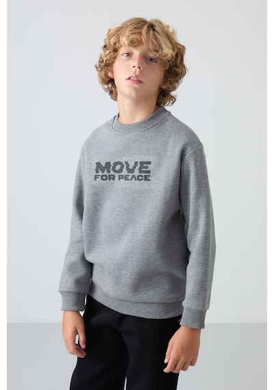 Tommylife Gri Melanj Pamuklu Kalın İçi Tüylü Standart Fit Baskılı Erkek Çocuk Sweatshirt - 11216