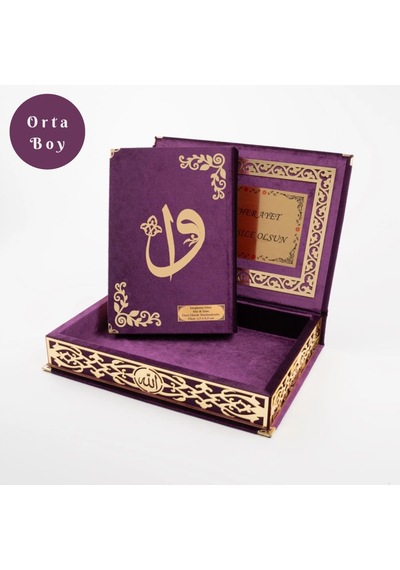Raşel Kutulu Hediyelik Kuran-ı Kerim Orta Boy, Mor, Elif-vav Gold Pleksi