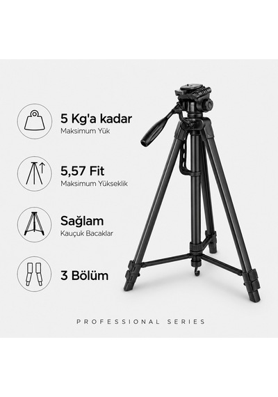 Profesyonel Kamera Ve Telefon Tripodu 155 Cm Bluetooth Kumandalı Su Terazili 3 Yollu Kafa Fotoğraf Video Çekim Tripodu 155cm