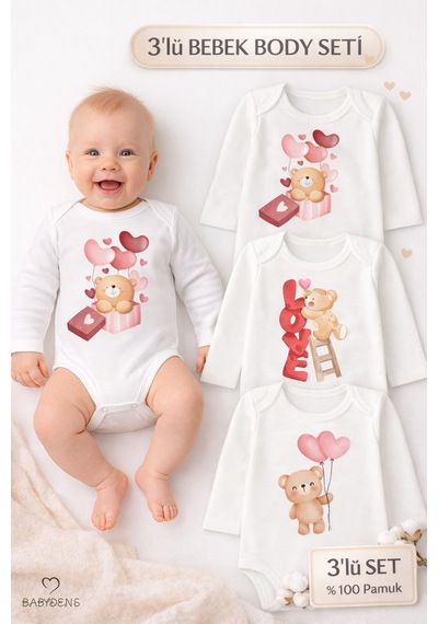 Babyden's 3 Lü Bebek Body Seti %100 Pamuk Uzun Kollu Ayıcık Baskılı Yenidoğan Unisex Bebek Body Beyaz