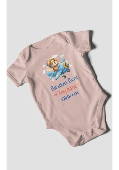 Morivokids Bırakın Beni Teyzeme Gideceğim Kısa Kollu Bebek Body %100 Pamuk Pastel Pembe