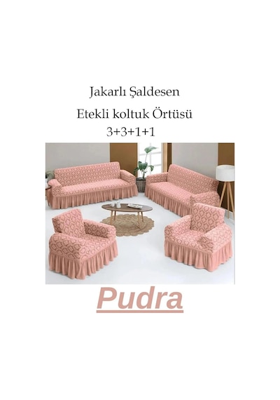 Jakarlı Şaldesen Koltuk, Kanepe, Çekyat Örtüsü Esnek 3311 Pudra Pudra