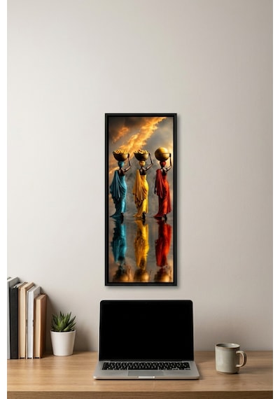 Sepet Taşıyan Afrikalı Kadınlar Çerçeveli Dekoratif Tablo 25x60 Cm Dikey Duvar Tablosu Salon Yatak Odası Ofis Dekoru