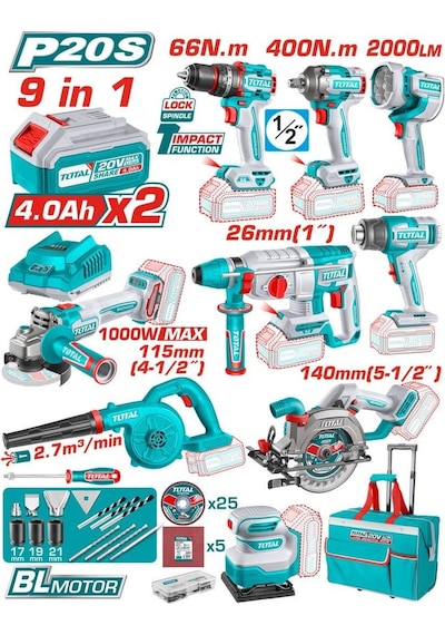 Total TOSLI250381E 9'lu Avantaj Set Akülü Kırıcı Delici + Taşlama + Matkap Vidalama Set