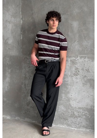 Erkek Bisiklet Yaka Oversize Çizgili Triko T-shirt Bordo