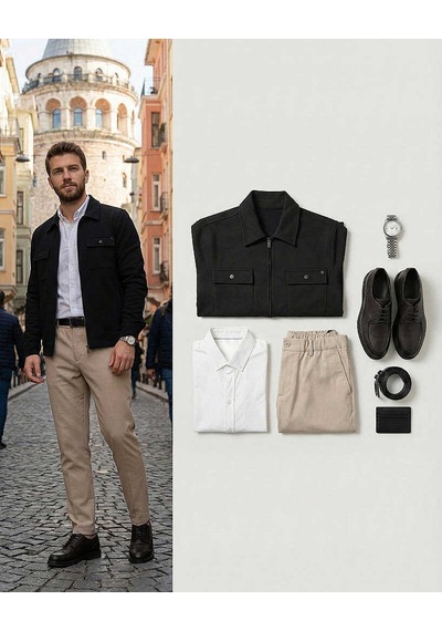 Bys Beystil Erkek Siyah Slim Fit Gömlek Yaka Fermuarlı Hırka 2442