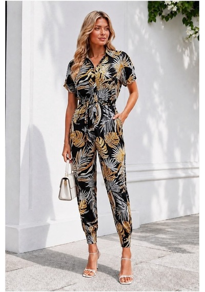 DefyModa Kadın Şık Tasarım Tül Kumaş Kısa Kollu Tulum Sarı