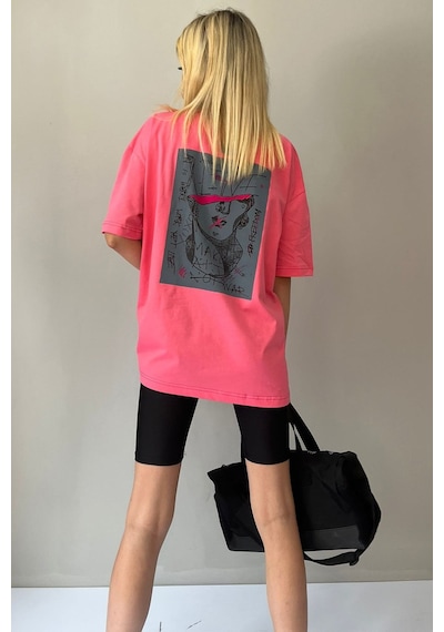 Pembe Baskılı Oversize Tişört Mg1491
