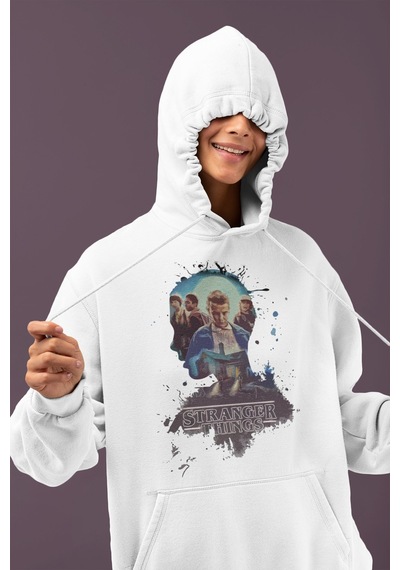 Sevbano Tasarım Stranger Things Baskılı Unisex Oversize Dizi Film Hoodie beyaz