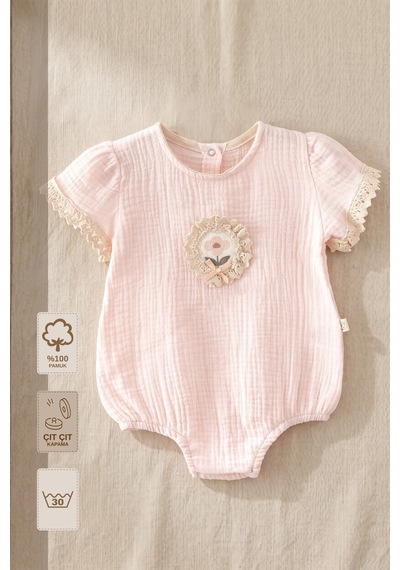 Minory Baby - %100 Pamuk Müslin Kız Bebek Tulum Pembe Pembe