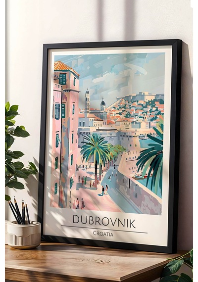 Hırvatistan Dubrovnik Temalı Çerçeveli Tablo Travel Serisi Modern İllüstrasyon Duvar Dekoru Siyah