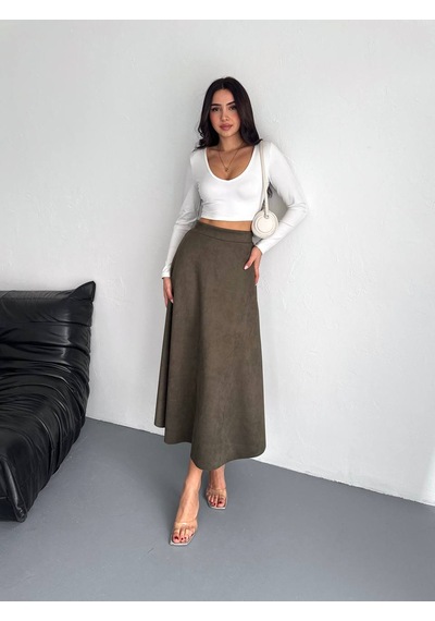 Ozy Fashion Kadın Süet Kloş Etek Haki