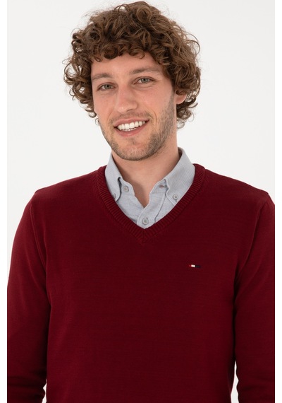 U.S. Polo Assn. Erkek Slim Fit V Yaka Bordo Basic Kazak 50313668-VR014