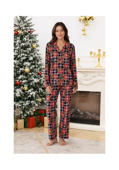 Pemilo Kadın 0363 Süet Düğmeli Pijama Takımı Lacivert-bordo