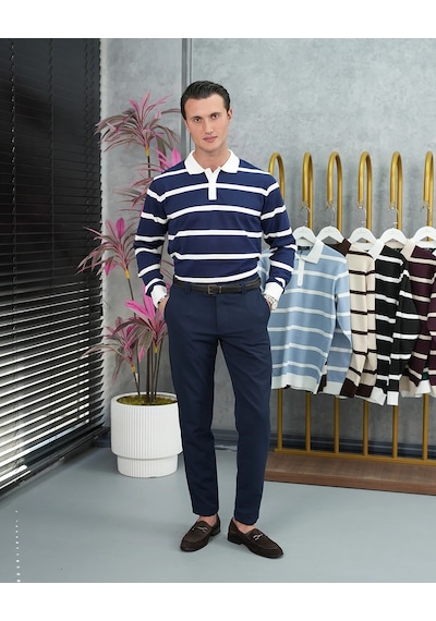 Modefendi Pamuk Likra Slim Fit Örgü Yatay Desen Yaka Şerit Detaylı Polo Yaka Kazak Lacivert Modefendi Pamuk Likra Slim Fit Örgü Yatay Desen Yaka Şerit Detaylı Polo Yaka Kazak Lacivert