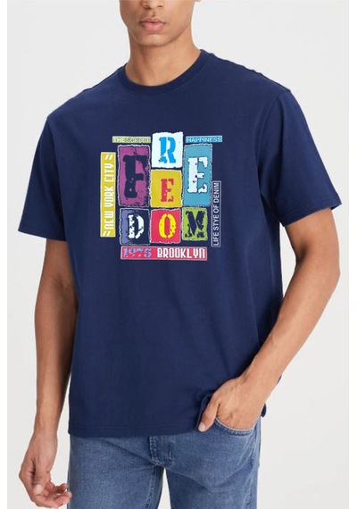 Medinenur Feedom Baskılı Unisex Bisiklet Yaka Tshirt Lacivert