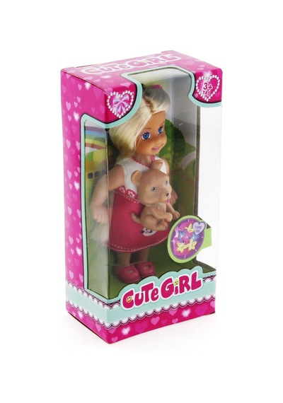 Cute Girl Kahverengi Köpekli Ve Sarışın Mini Bebek