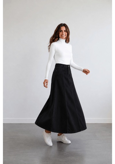 Vellichor Parçalı Uzun Denim Etek - Siyah Çok Renkli