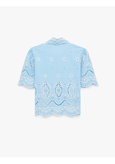 Koton Pamuklu Klasik Yaka Brodeli Kısa Kollu Oversize Gömlek Mavi 6sak60240uw