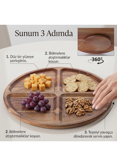 4 Bölmeli 360 Dönerli Akasya Ahşap Sunum Tabağı, 30 Cm Çap, 2,2 Cm Kalınlık, Yuvarlak Servis Tepsisi, Peynir, Kuruyemiş Ve Atıştırmalık İçin, 1 Adet