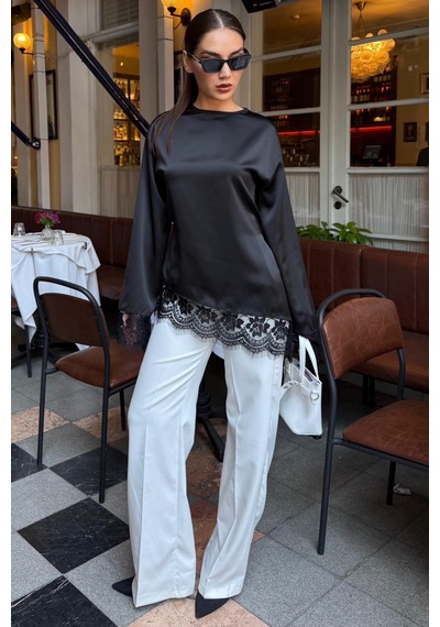 Madmext Siyah Asimetrik Dantelli Uzun Kollu Saten Bluz Mg2799