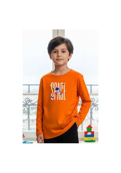 Fyk Kids Sıfır Yaka Space Baskılı Erkek Çocuk Sweatshirt Turuncu