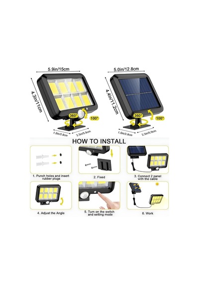 Kablolu Güneş Enerjili 120 Cob Led Solar Bahçe Aydınlatması - Ip65 Su Geçirmez Cob Led Hareket Sensörlü Duvar Lambası, 3 Modlu Dış Mekan Solar Projektör Projektör Aydınlatma